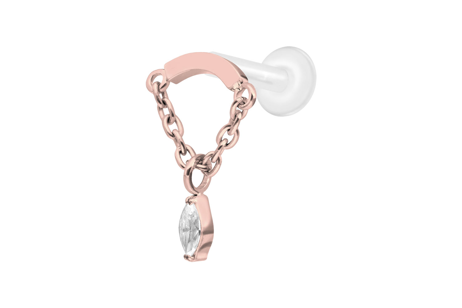 PTFE Labret Piercing mit Innengewinde + Titan-Aufsatz BOGEN + KETTE + KRISTALLTROPFEN
